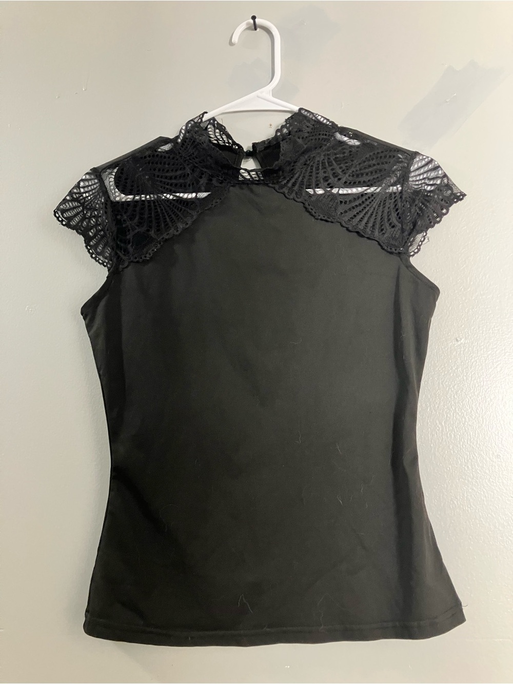 Amazon Black Lace Cap Sleeve Mock Neck Top